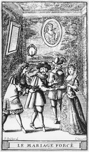 モリエールの「ルマリアージュフォース」の前絵のイラスト、ジャン・ソーヴ（fl.1660-91）c.1664 作： Pierre Brissart
